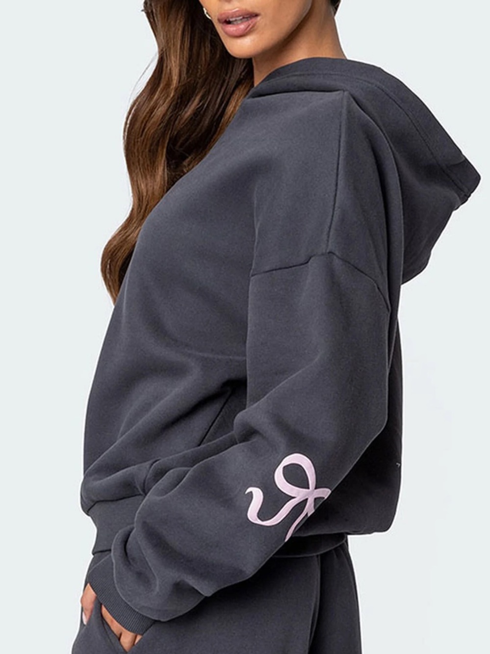 Edikted Bonney Bow Gray Pink Oversize Cozy Coquette Long Sleeve Hoodie Size S - Picture 4 of 9